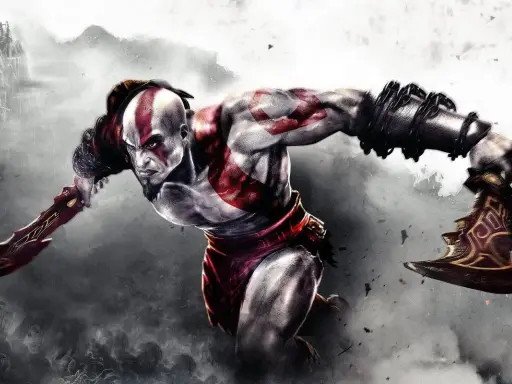 Kratos w akcji, gotowy do walki. Ten obraz to esencja poradnika God of War, pełen brutalnej siły i determinacji.