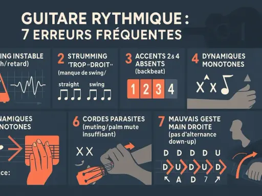 Le nom de cet instrument de musique est guitare. L'image illustre 7 erreurs fréquentes en guitare rythmique, comme le timing instable ou les dynamiques monotones.