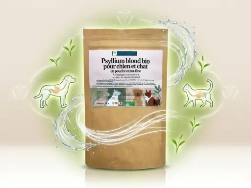 Sachet de psyllium blond bio pour chien et chat, idéal pour le transit intestinal. Aide à réguler la digestion.