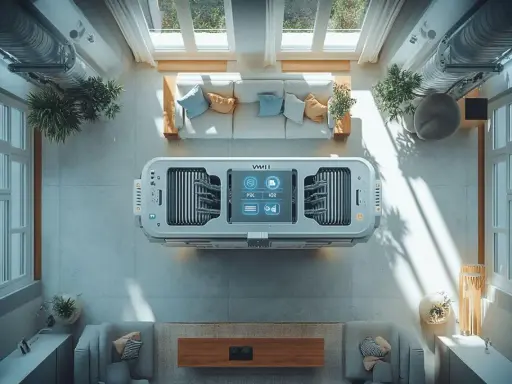 Un appareil futuriste de ventilation par surpression au centre d'un salon moderne, avec des canapés et des plantes.