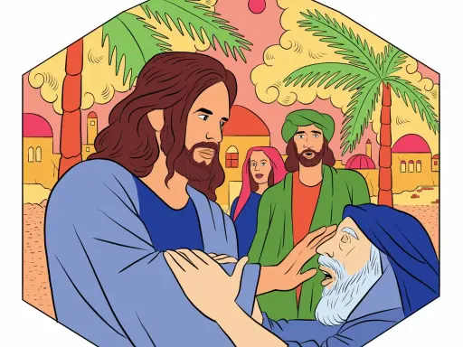 Jesus, der wie ein Moslem gekleidet ist, heilt einen Mann. Palmen und orientalische Gebäude im Hintergrund.