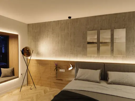 Sovrum med modern belysning, en mysig fönsterplats och konst. Perfekt belysning sovrum inspiration.