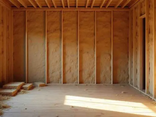 Intérieur d'une maison en construction, avec un mur terre paille visible. Des bottes de paille sont empilées près d'une fenêtre.