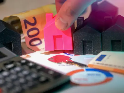 Petites maisons, billets de banque et calculatrice symbolisant le déblocage des fonds pour un projet immobilier. Une main place une maison rose.