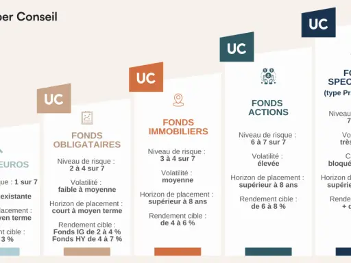 Tableau comparatif des fonds d'investissement : Euros, Obligataires, Immobiliers, Actions, Spéculatifs. Idéal pour prendre date assurance vie.