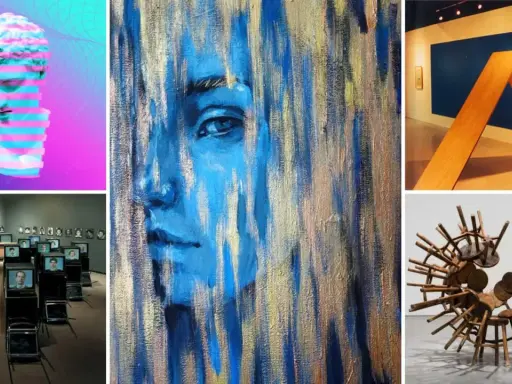 Collage of modern art: glitch bust, blue portrait, video installation, wooden sculpture, and chair art. These explore what themes had the largest impact on modern art.