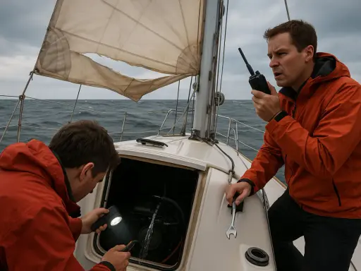 Deux hommes sur un voilier en mer agitée examinent le moteur. L'un éclaire avec une lampe torche, l'autre tient une clé, peut-être pour le fonctionnement inverseur moteur bateau.