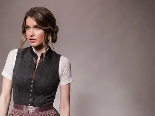 Eine Frau mit einer eleganten Dirndl-Frisur für kurze Haare trägt ein traditionelles Dirndl.