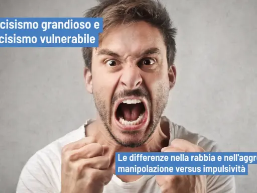 Uomo con espressione di rabbia narcisistica, pugni stretti. Testo: "Narcisismo grandioso e vulnerabile. Differenze tra rabbia e aggressività.