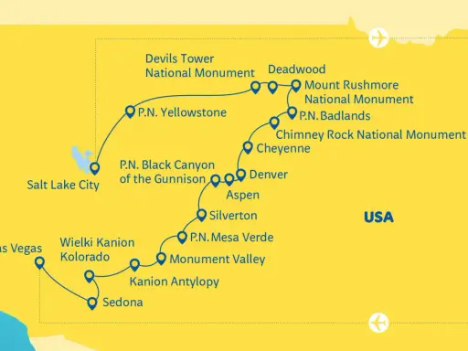 Mapa USA z trasą przez parki narodowe: Yellowstone, Black Canyon, Mesa Verde, Wielki Kanion Kolorado, Antelope Canyon, a także Devils Tower, Mount Rushmore i Badlands.
