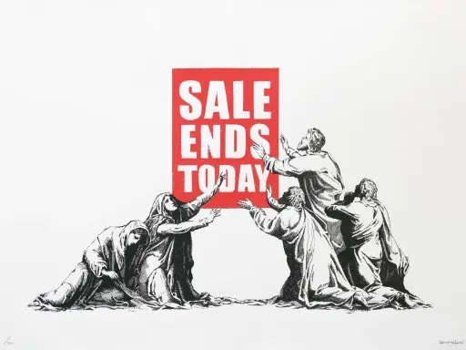 Figures reach for a red sign reading "SALE ENDS TODAY," perhaps lamenting the tax on sale of inherited art.