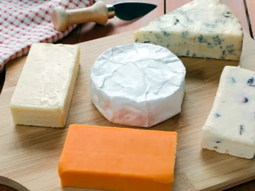 Verschiedene Käsesorten auf einem Holzbrett. Warum ist Cheddar orange? Die natürliche Farbe kommt von Beta-Carotin, das Kühe über Gras aufnehmen.