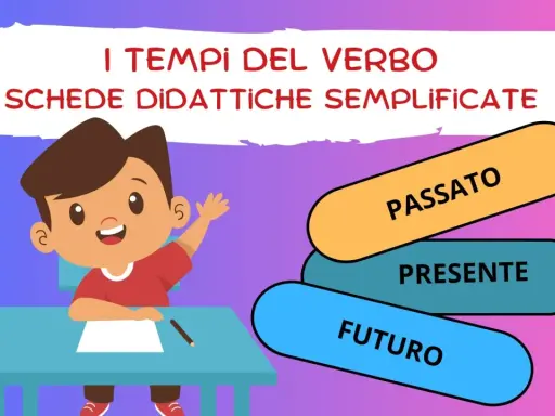Un bambino studia i tempi del verbo: passato, presente e futuro. Schede didattiche semplificate per la classe seconda.