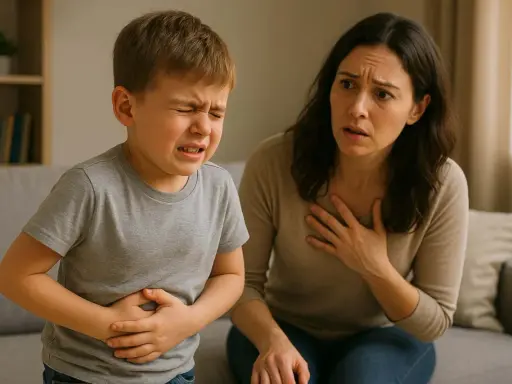 Niño con dolor abdominal y madre preocupada. Podría ser diarrea en niños sin fiebre.