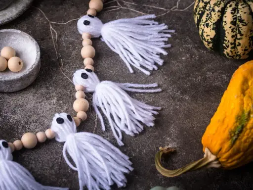 Niedliche Geister-Girlande zum Halloween basteln, mit Holzperlen und weißen Fransen. Daneben liegen bunte Kürbisse.