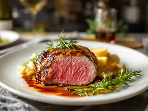 Un succulent magret de canard, coupé en tranches rosées, nappé d'une sauce brune et servi avec des pommes de terre et du romarin.