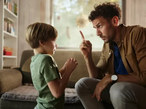 Un padre le dice no a su hijo, levantando el dedo índice en señal de advertencia. El niño escucha atentamente.