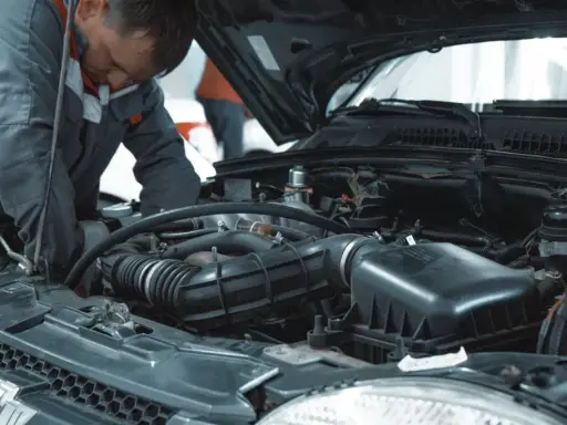 Mechanik pracuje przy silniku VW. Dowiedz się, ile kosztuje wymiana oleju w serwisie VW.