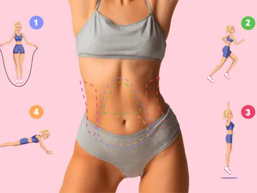 Exercices pour tonifier le ventre et réduire la cellulite. Saut à la corde, course, jumping jacks, planche.