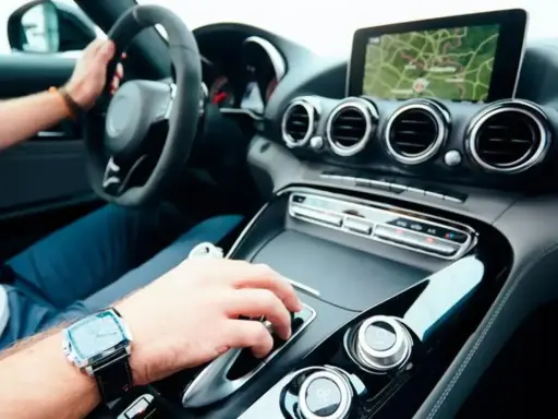 Mano en la palanca de cambios de un coche deportivo moderno, demostrando que los coches eléctricos tienen marchas.