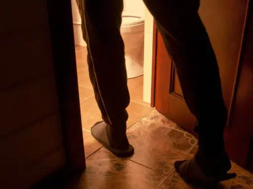 Nocne wstawanie do toalety, częste sikanie w nocy. Widok na nogi w kapciach i drzwi łazienki.