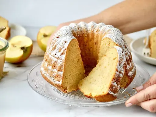 Saftiger Apfelkuchen mit Puderzucker, daneben ein Glas Apfelmus und frische Äpfel.