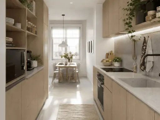 Cuisine moderne et lumineuse, avec des rangements en bois clair pour une optimisation petite cuisine. Une table et des chaises près de la fenêtre invitent à la convivialité.