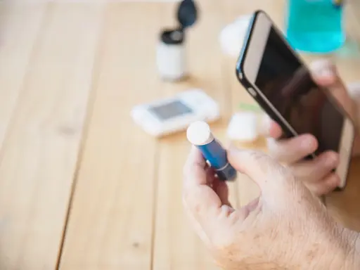 Osoba z cukrzycą sprawdza poziom glukozy, trzymając telefon. W tle glukometr i inne akcesoria. Czy alkohol w wydychanym powietrzu wpływa na wyniki?