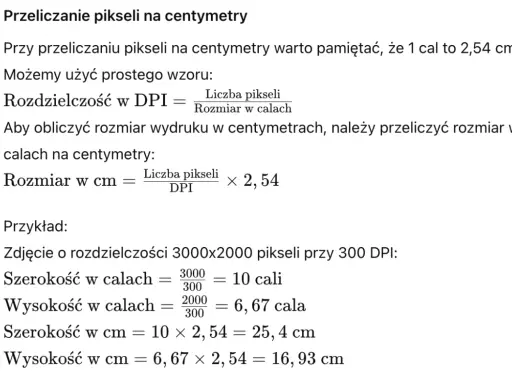 Obliczenia ile dpi do druku. Wzory na przeliczanie pikseli na centymetry i przykładowe wyliczenia rozmiaru wydruku.