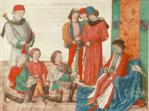 Ein Mann im roten Mantel sitzt, umgeben von knienden und stehenden Personen. Dies illustriert, was ein Lehen ist: eine Beziehung von Abhängigkeit und Treue.