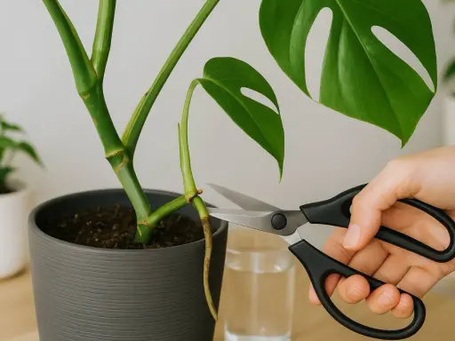 Mit einer Schere wird ein Ableger von der Monstera getrennt, um sie zu vermehren.