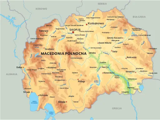 Mapa fizyczna Macedonii Północnej z zaznaczonymi miastami, rzekami i jeziorami. Idealny przewodnik po regionie.