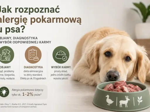 Złoty retriever z miską mięsa, obok tekst o objawach, diagnostyce i wyborze karmy przy alergii pokarmowej u psa.