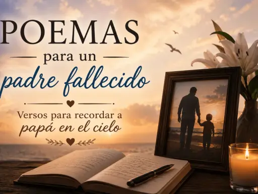 Ricordo di un padre per una figlia: un libro aperto, una foto di un padre e figlio, fiori e una candela accesa, con il cielo al tramonto.