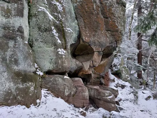 Skalna czaszka w zimowym lesie, z lodem i śniegiem na skałach i drzewach.