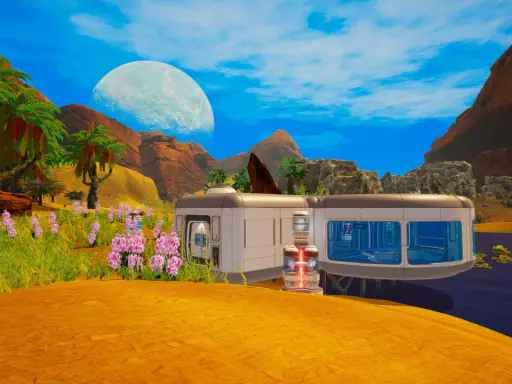 Kolonia na obcej planecie, gdzie planet crafter buduje bazę wśród palm i różowych kwiatów, pod wielkim księżycem.