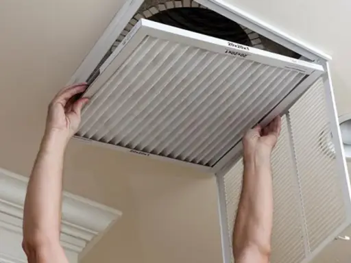 Man hands removing a pleated air filter from a ceiling vent. Essential for limpiar filtros aire acondicionado.