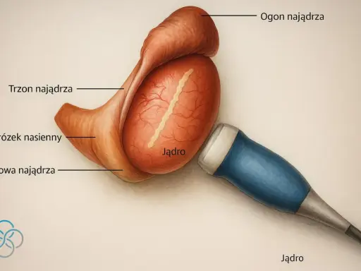 Badanie USG jądra, które może pomóc zdiagnozować ból prawego jądra. Widoczne jądro, powrózek nasienny i głowa najądrza.