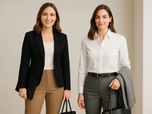 Two women showcase business casual style. One wears a navy blazer with tan pants, the other a white shirt with grey pants.
