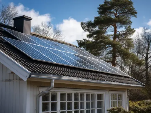 Solceller 5kw på taket av ett vitt hus, med träd och blå himmel i bakgrunden.