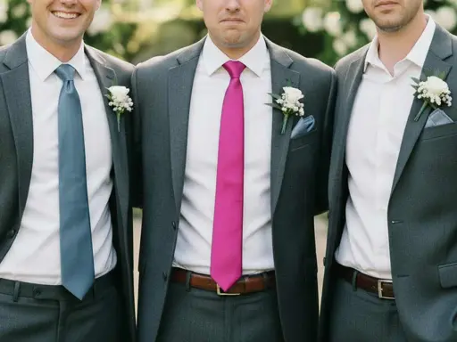 Groomsmen in grey suits with different colored ties. This image shows that you do not have to wear a tie to a wedding, but it's a stylish choice.