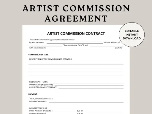 An artist commission agreement template, ready for download, detailing artwork specifications and payment terms for a commissioned piece.