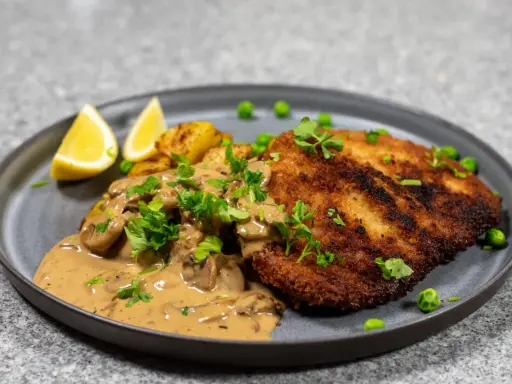 En gyllene panerad kotlett serveras med krämig svampsås, rostade potatisar, ärtor och citronklyftor.