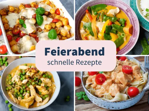 Vier leckere Rezepte für das Abendessen: Gnocchi-Auflauf, Curry mit Hähnchen, Hähnchen mit Erbsen und Pasta mit cremiger Sauce. Schnelle Ideen für jeden Tag.