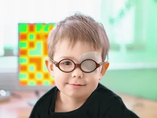 Niño con gafas y parche en el ojo, tratando su ojo vago. Detrás, una pantalla con un patrón de colores.