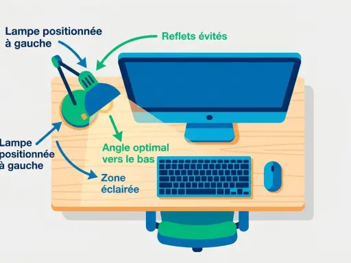 Illustration montrant comment orienter son bureau : lampe à gauche, angle optimal vers le bas pour éviter les reflets et éclairer la zone de travail.