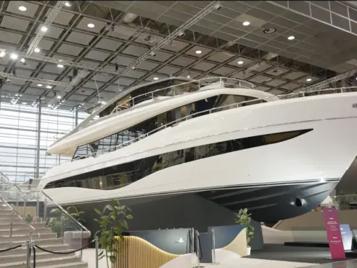 Luxuriöse Yacht, bereit für die boot 2026 Messe. Glänzende weiße Hülle, mehrere Decks und große Fenster.