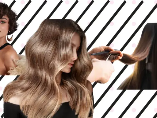 Mujer con pelo corto y rizado, otra con pelo largo y ondulado, y manos cortando puntas. Un corte en seco para un look moderno.