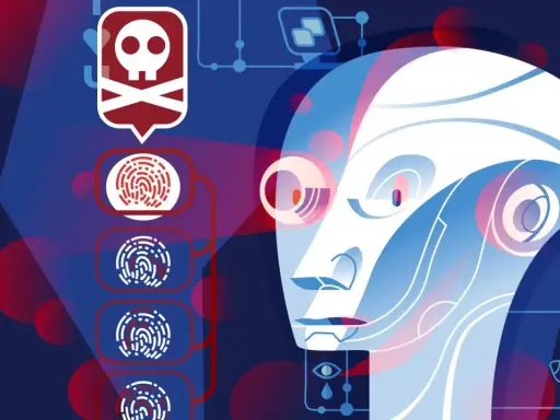 Kopf eines Roboters mit Fingerabdrücken und einem Totenkopf-Symbol, das auf die Gefahr des wannacry virus hinweist.