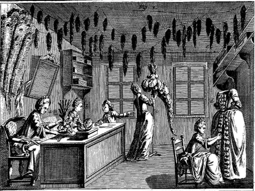 Dans un atelier, un artisan plumassier et ses apprentis travaillent sur des parures et des vêtements ornés de plumes.